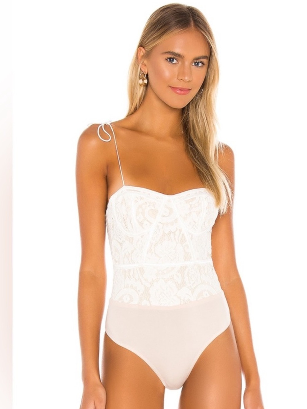 Revolve Superdown White Lace Bodysuit with Spaghetti Tie Straps XS